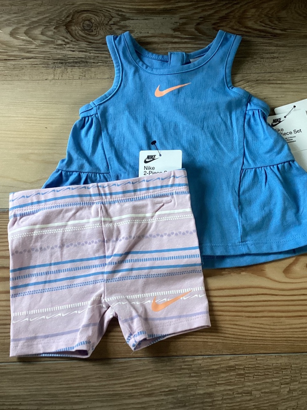 Nike Girls  Blue Tank Top with Pink Striped Shorts Set Size 12M Or 18M